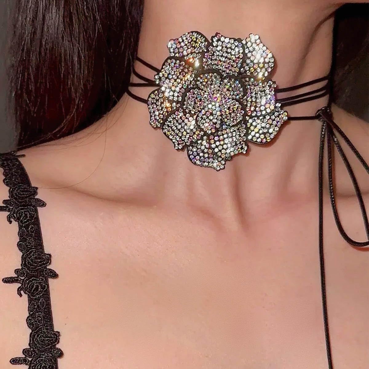 Big Flower Choker Necklaces Rhinestone Flower Choker Vintage Flower Necklace Choker Tie Floral Necklace Weddings Dances Accessories for Women Jewelry Necklace - Image 4