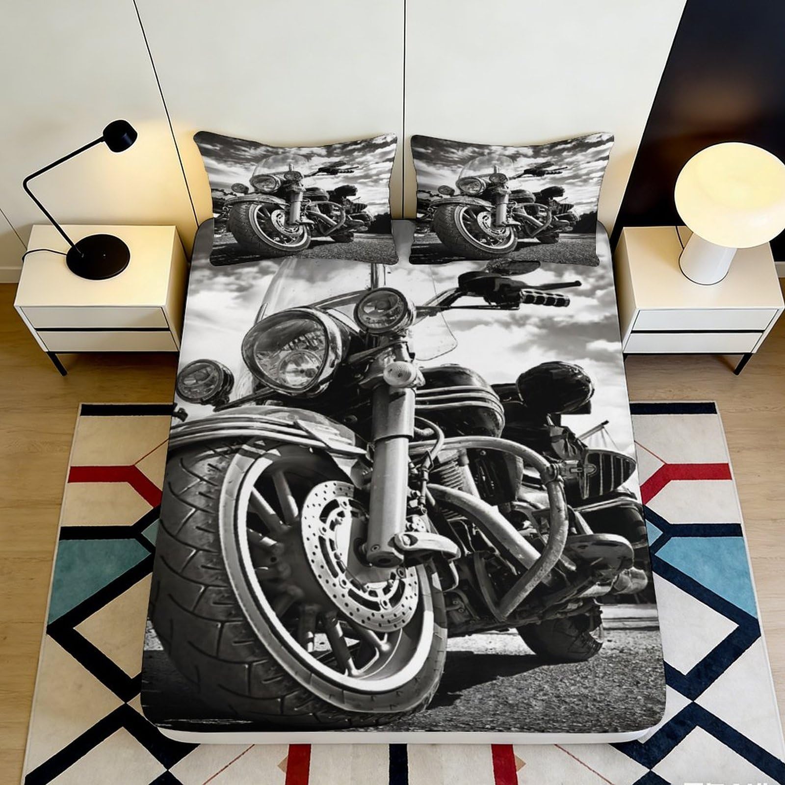 3D Printed Motorcycle Fitted Sheet Microfiber Non-Slip Deep Pocket Motorcycle Mattress Fitted Cover Bedroom 140x200x25cm