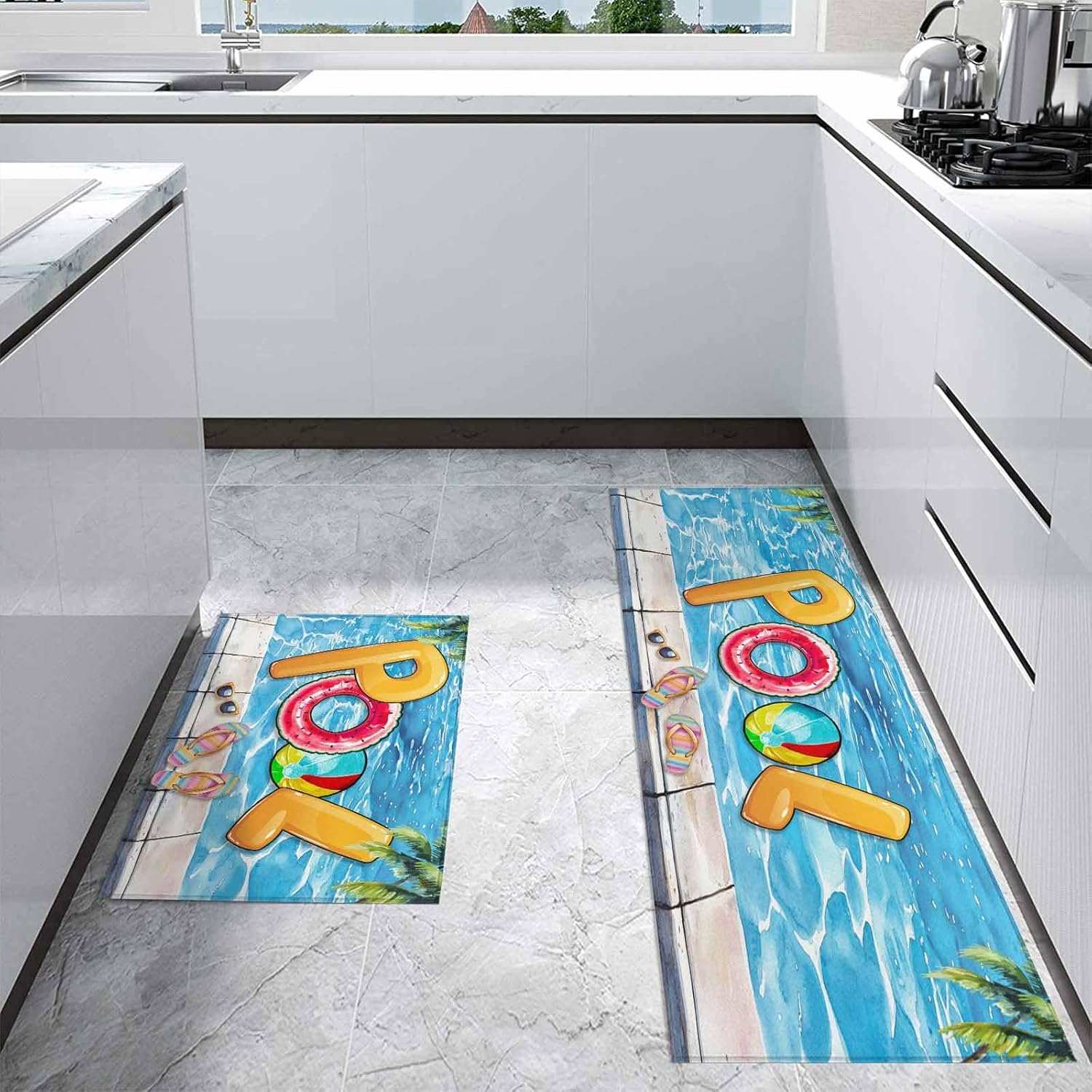 Kitchen Rugs and Mats Set,Summer Vacation Swimming Pool 2 Pieces Non Slip Cushioned Rug Floor Mat Sunglasses Slippers Palm Tree Absorbent Area Runner Comfort Standing Mats for Sink Bathroom