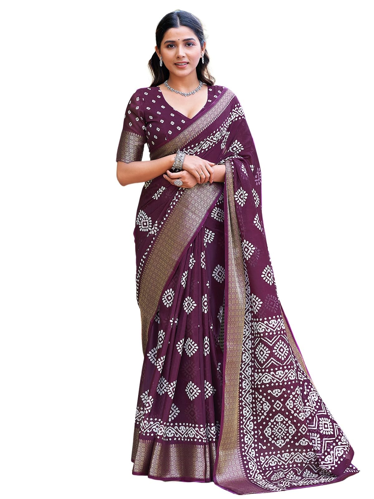Satrani Women's Cotton Blend Printed Weaving Border Saree With Unstitched Blouse Piece (4029S173N_Wine)