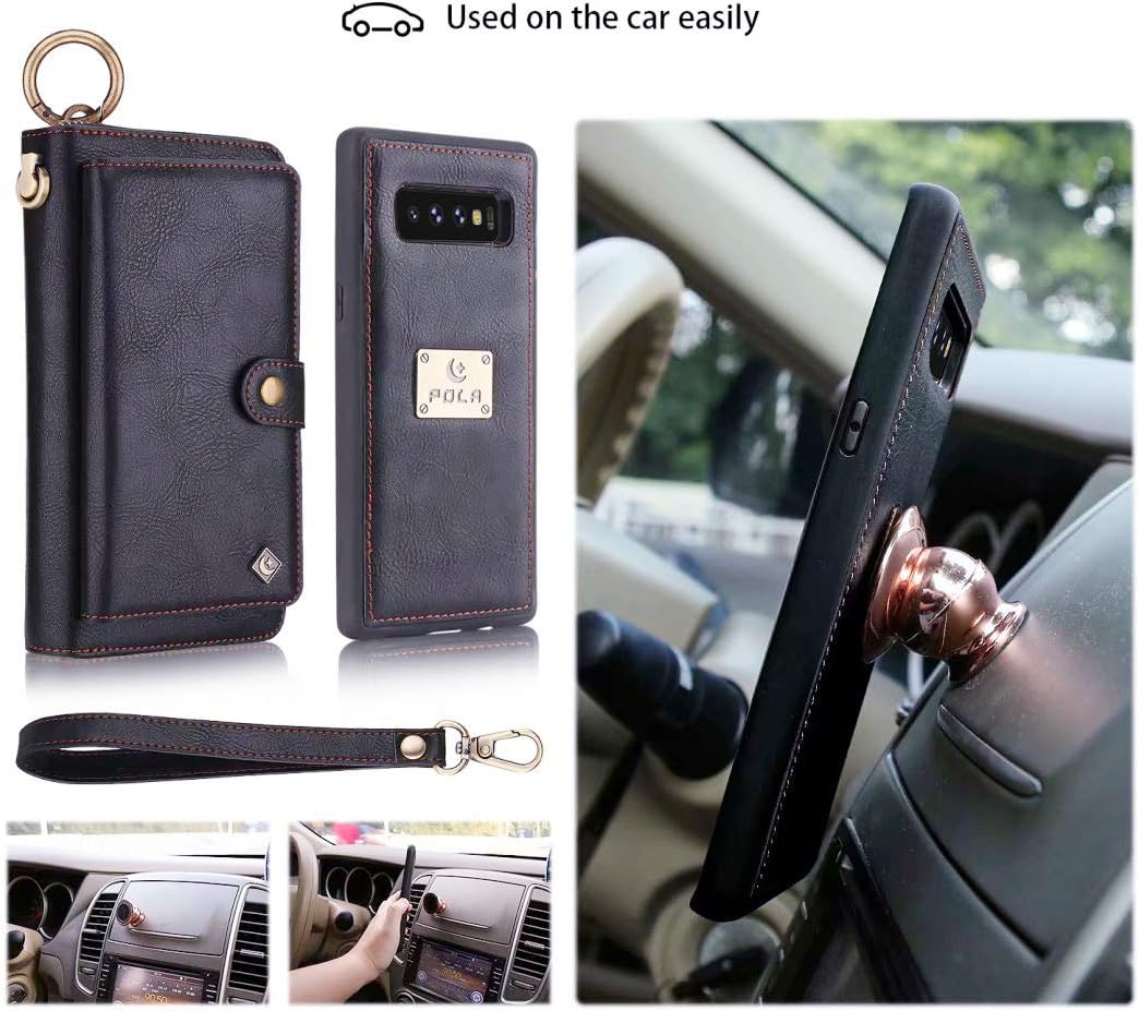 Petocase Compatible Galaxy S10 Plus Wallet Case, Multi-Functional PU Leather Zip Wristlets Clutch Detachable Magnetic 13 Card Slots 4 Cash Purse Protection Back Cover for Samsung Galaxy S10 Plus Black