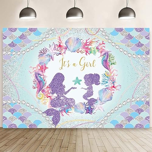 MEHOFOND Telón de fondo de sirena para baby shower de 7 x 5 pies para niñas, fondo de fotografía de baby shower, escamas de sirena, perla,