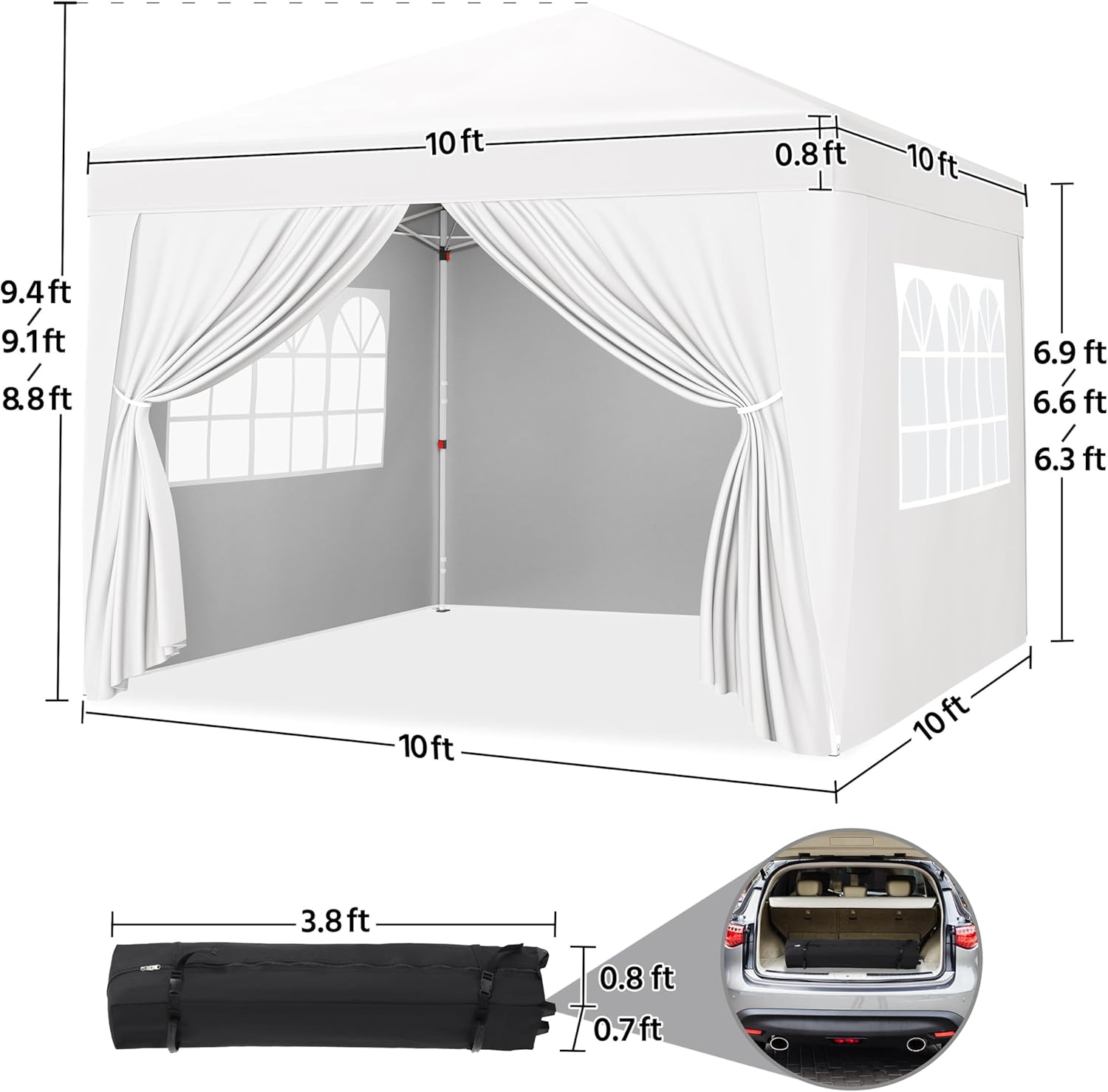 Diagram showing the dimensions of the 10x10 pop up canopy