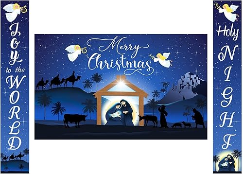 Avezano Decoraciones de Navidad azules para colgar pancartas religiosas de Feliz Navidad y letreros de porche para Navidad, para interiores y disponible en Yaxa Peru