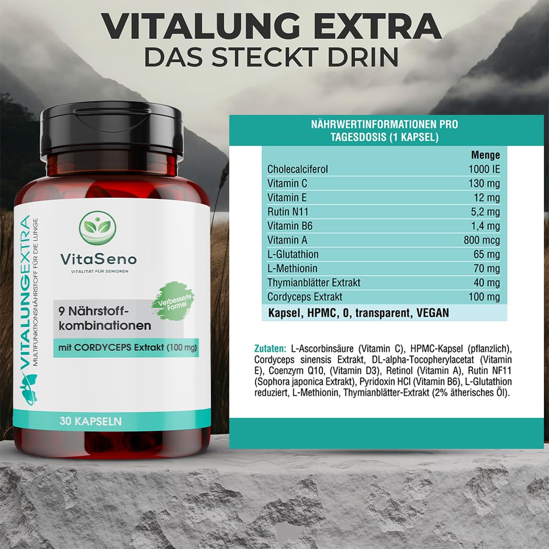 VitalungExtra Lungenkraut-Extrakt mit 50 mg Cordyceps und Thymian – hochdosiert & vegan für die Lunge – Vitamin A, C, E & B6 – Chinesischer Vitalpilz & Atem-Komplex (30 Kapseln)