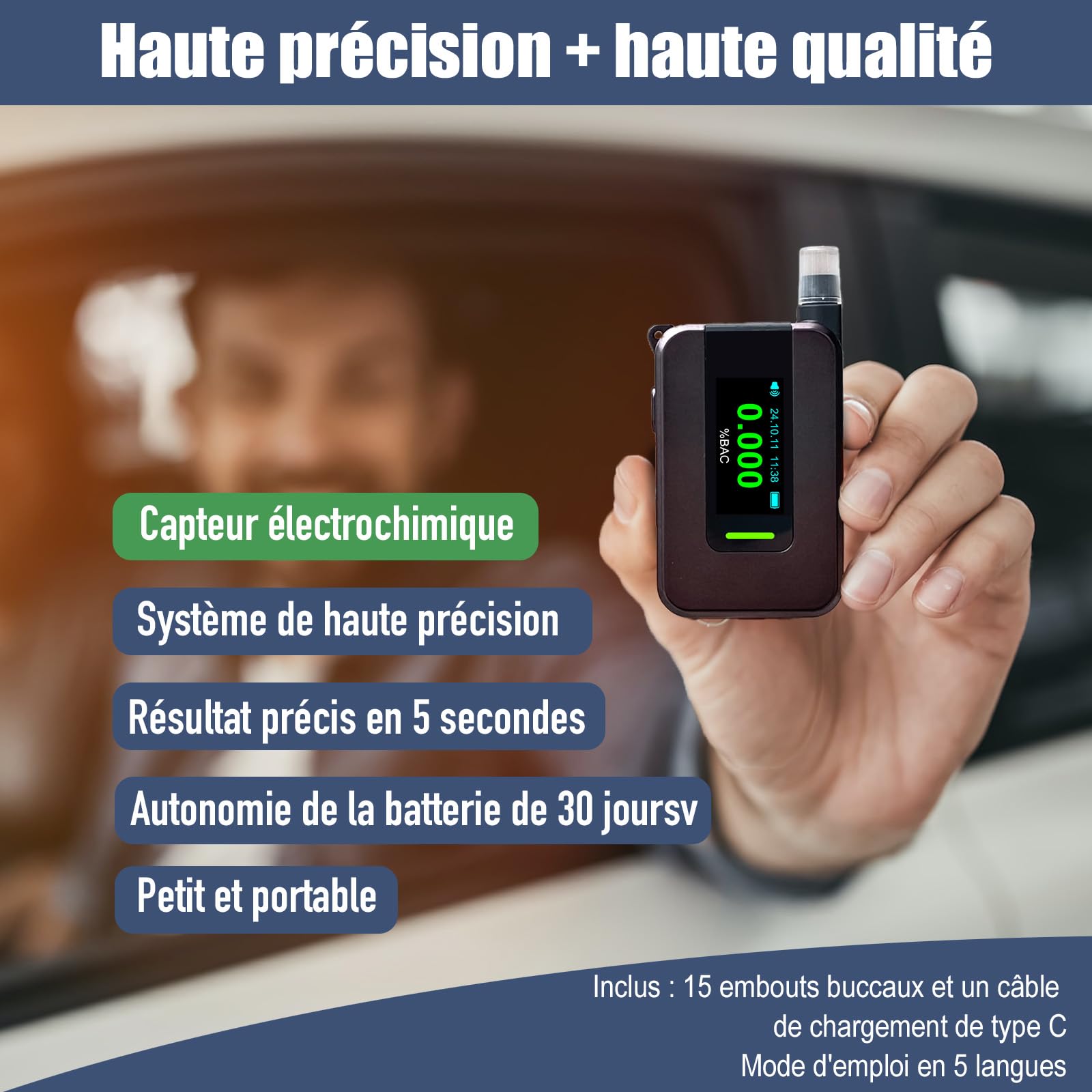 ethylotest electronique avec capteur électrochimique, ethylometre, éthylotest avec 15 Embouts buccaux, alcootest avec écran IPS HD, Comprend Une Batterie intégrée et Un câble de cha