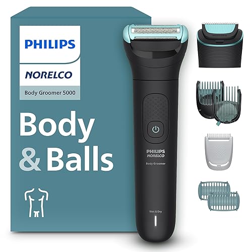Philips Norelco Body Groomer serie 5000, recortadora y afeitadora de pelo íntimo para hombres con cabezales dobles 100% resistentes a la ducha y dos
