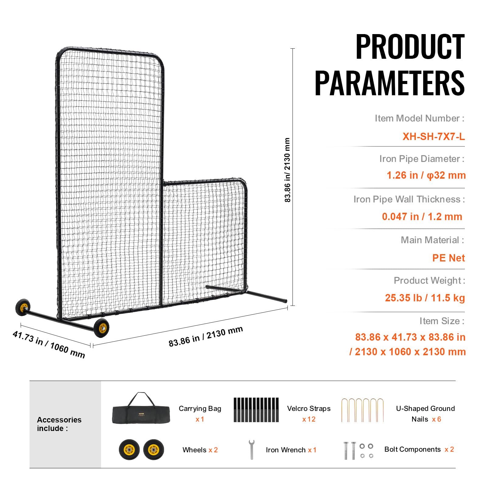 VEVOR Rete di battuta 213x106x213 cm, Griglia di sicurezza da baseball softball, Griglia da battuta portatile con protezione, Borsa per il trasporto e ruote, Rete da lancio per softball Nero