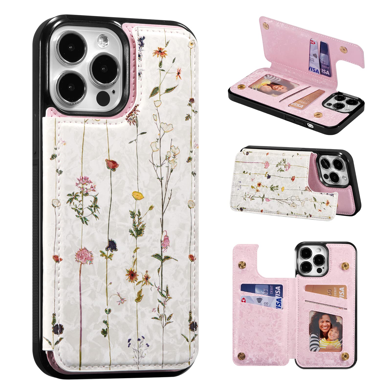 UEEBAI Wallet Case for iPhone 13 Pro Max with Card Holders, PU Leather Cover Kickstand RFID Blocking Double Magnetic Clasp Rilievo Flower Shockproof
