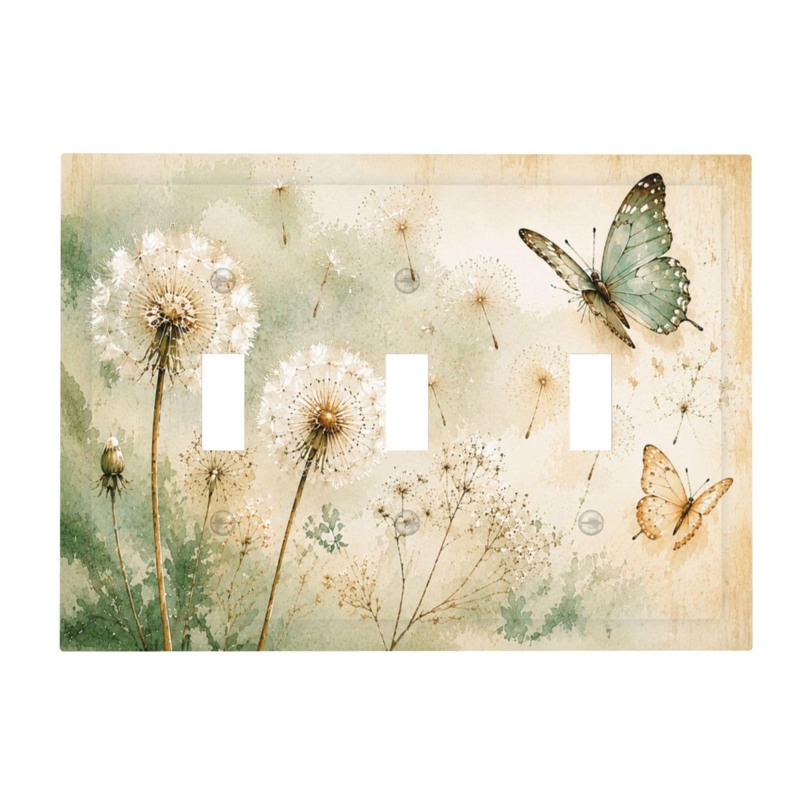 Xuejiaku Decorative Light Switch Cover Plate Watercolor Dandelion & Butterflies Triple Toggle Switch Plate Covers 3 Gang Wall Plate Rustic Green Floral Outlet Covers Faceplate for Farm Home Decor