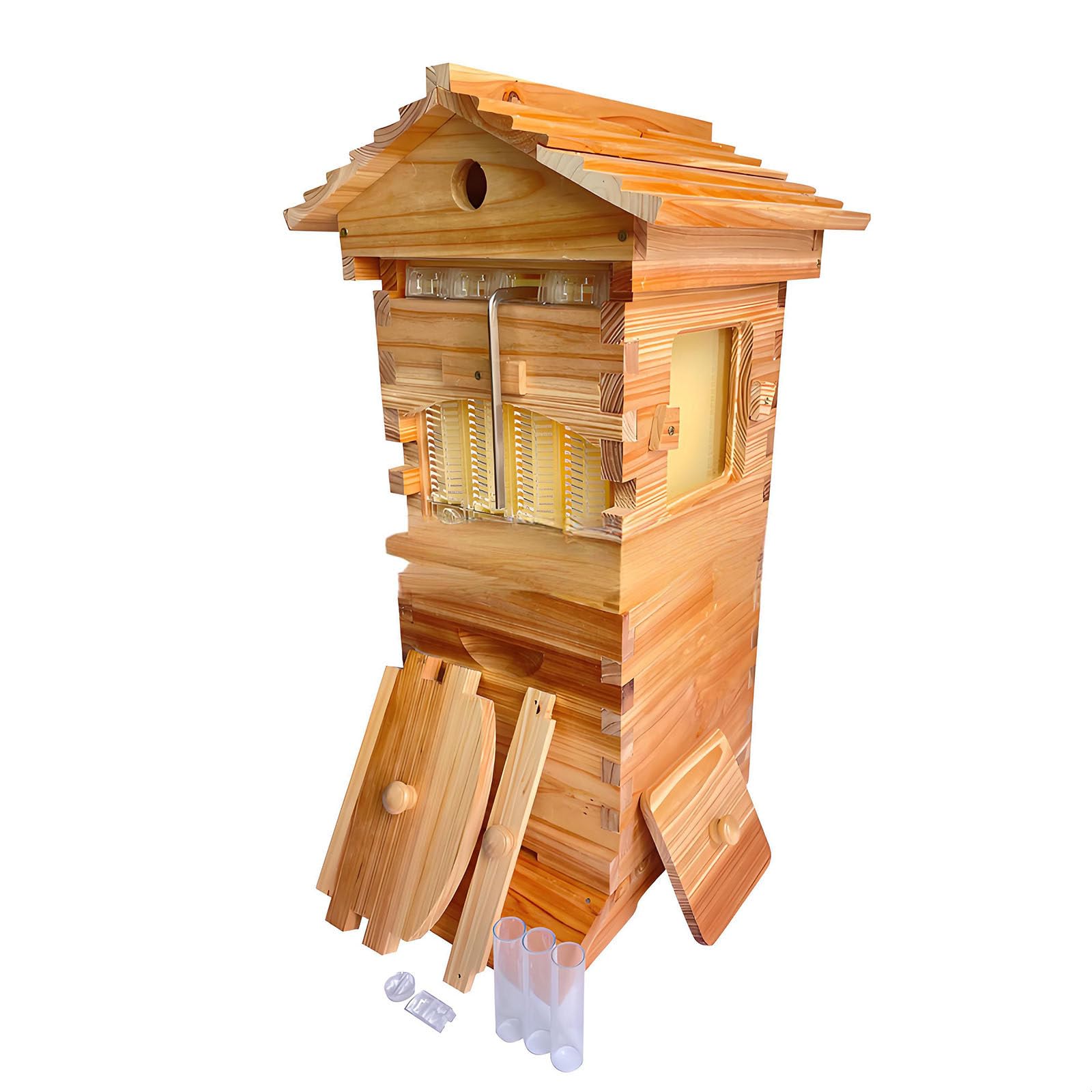 Ymnogjie Beehive Starter Kit,Complete Bee Box with Observation Window,Honey Spout Bee Hive for Beekeeping Includes Carpenter Bee House for Garden Pollinators