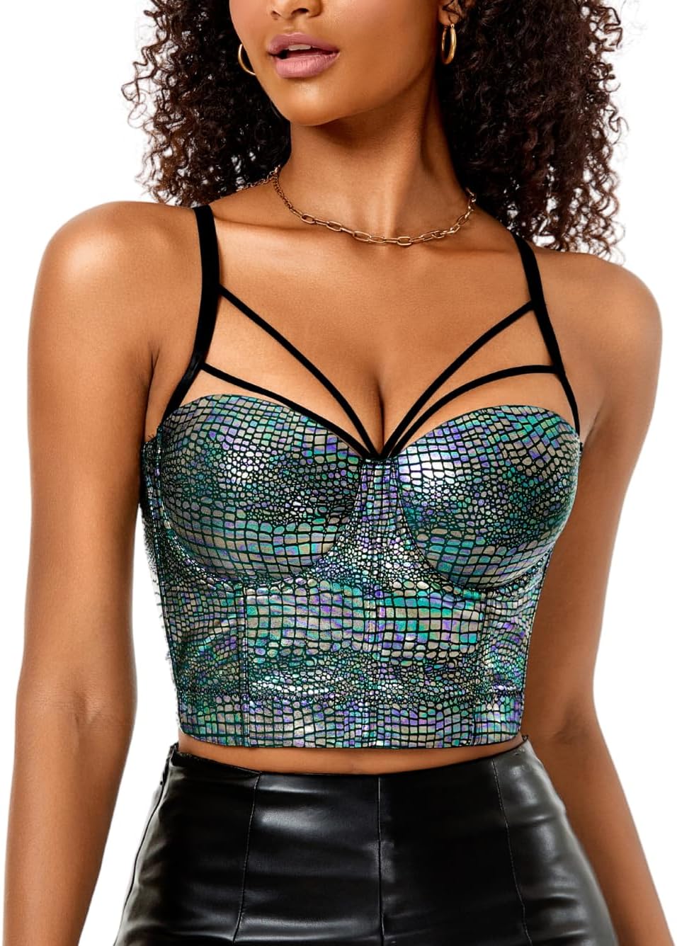 ChiaoLezhee Metallic Corset For Women, Rave Edm Concert Outfits, Sexy Crop Tank Tops, Silver Sequin Mermaid Festival