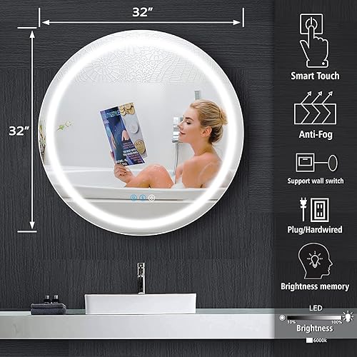 Miniatura 6 de Espejo LED redondo de 32 pulgadas con luces para baño montado en la pared, espejo de tocador iluminado redondo con 3 luces de colores, espejo de