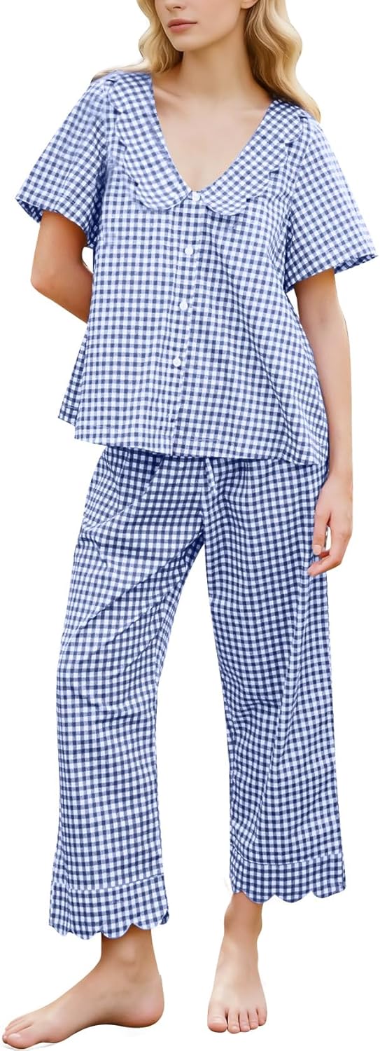 Kissonic Womens Gingham Pajama Set Cute Cotton Ruffle Pajamas Cozy Plaid Y2K Pjs Babydoll Sleepwear
