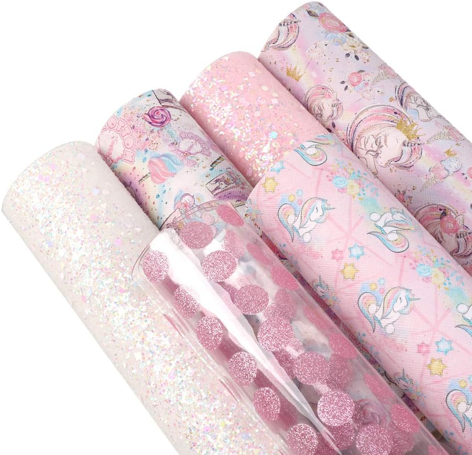 Unicorn Printed Faux Leather Fabric Sheets 6Pcs 7.7" x 12.9" (20 cm x 33 cm) Include 3 Kinds of Leather Fabric for DIY Bows Earrings Making Crafts(Unicorn)