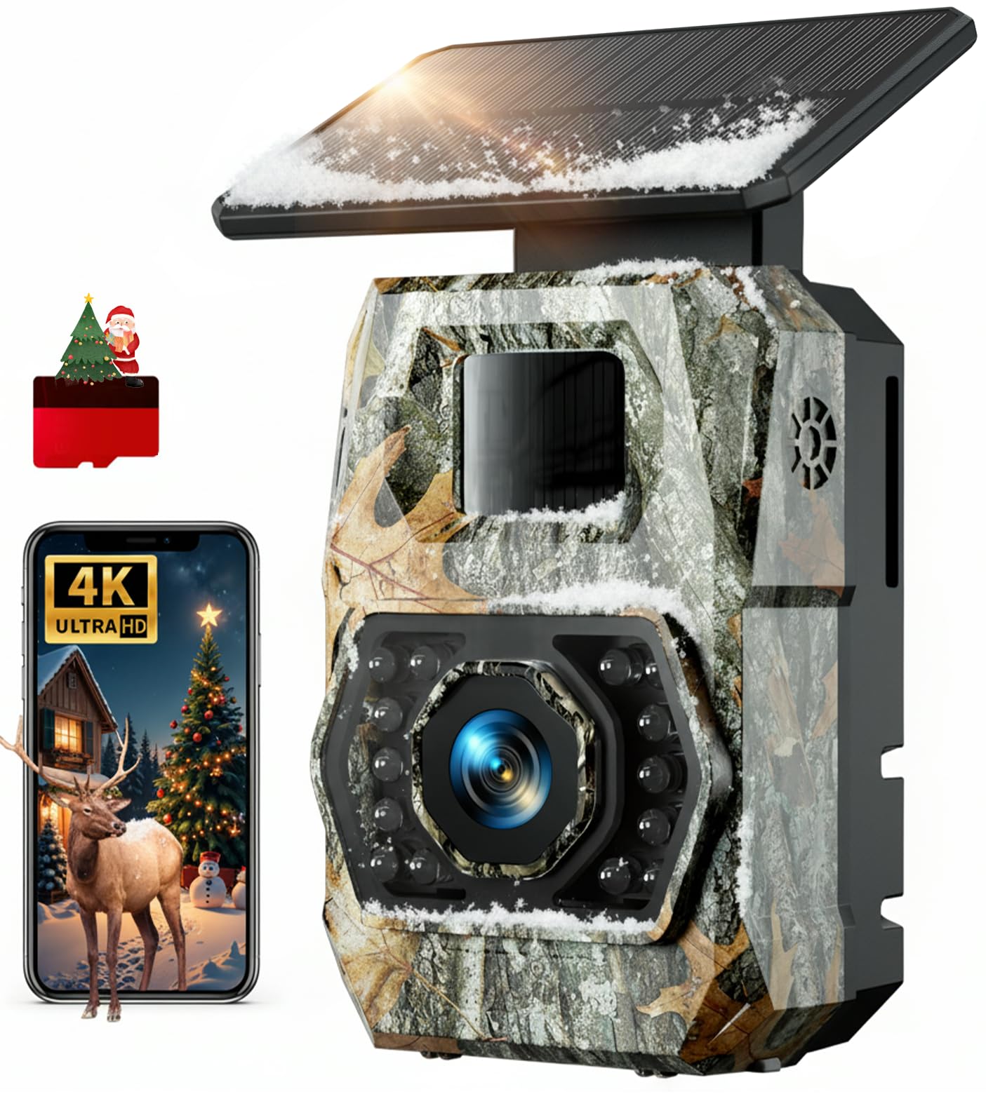 Fototrappola con Pannello Solare 60MP 4K 30fps, WIFI Bluetooth e App Fototrappola con Batteria Ricaricabile da 5200mAh Angolo di Rilevamento 100°HD Visione Notturna Impermeabile IP66