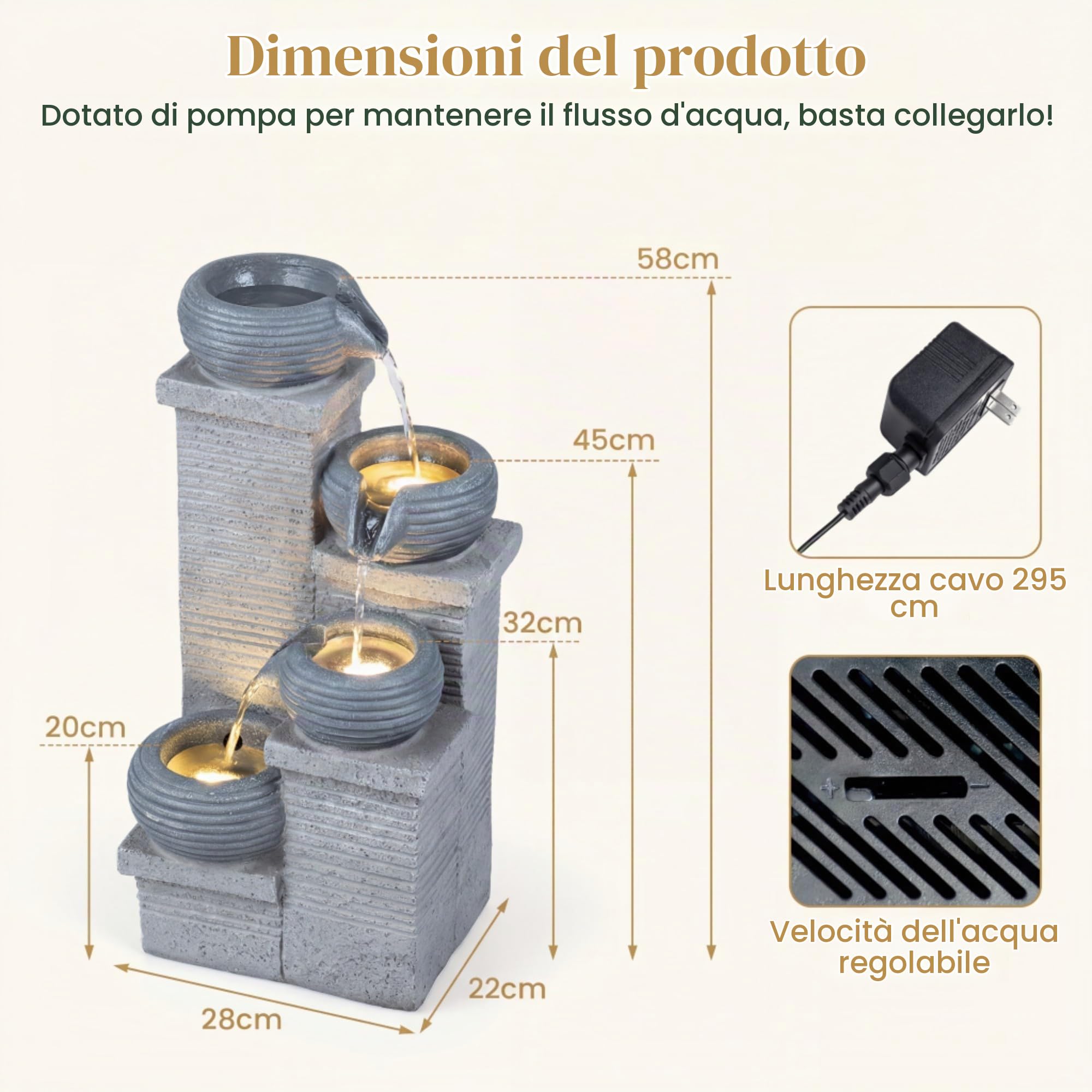 HOMASIS Fontana da Giardino a 4 Livelli, 58 cm Fontanella Decorativa con 3 Luci LED Bianco Caldo e Pompa, Velocità dell'Acqua Regolabile, Cascata Acqua da Esterno in Resina per Terrazze e Cortile