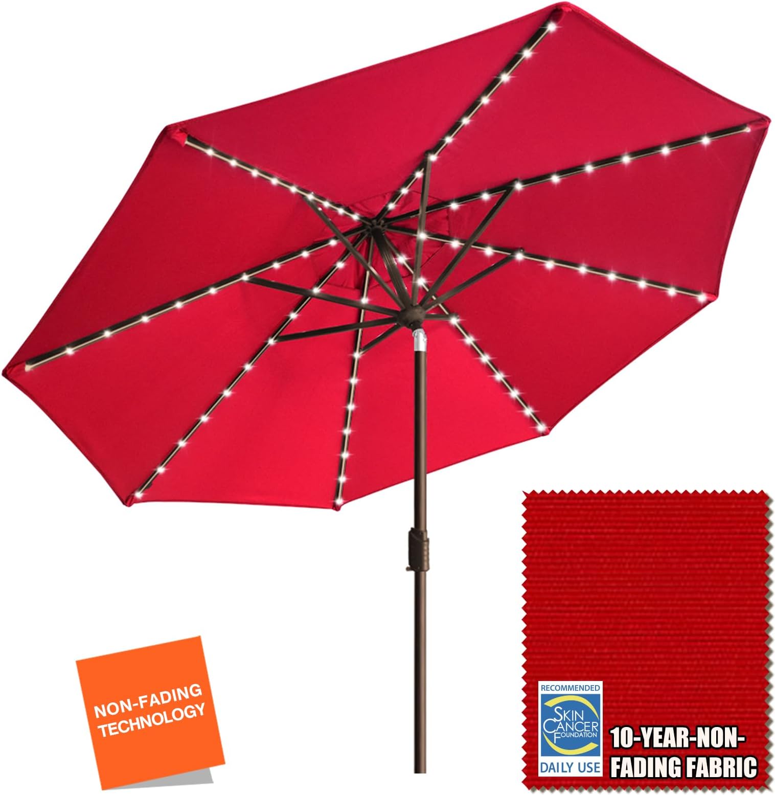 EliteShade USA 10-Year-Non-Fading Solar 9ft Market Umbrella with 80 LED Lights Patio Umbrellas Outdoor Table Umbrella with Ventilation, Logo Red
