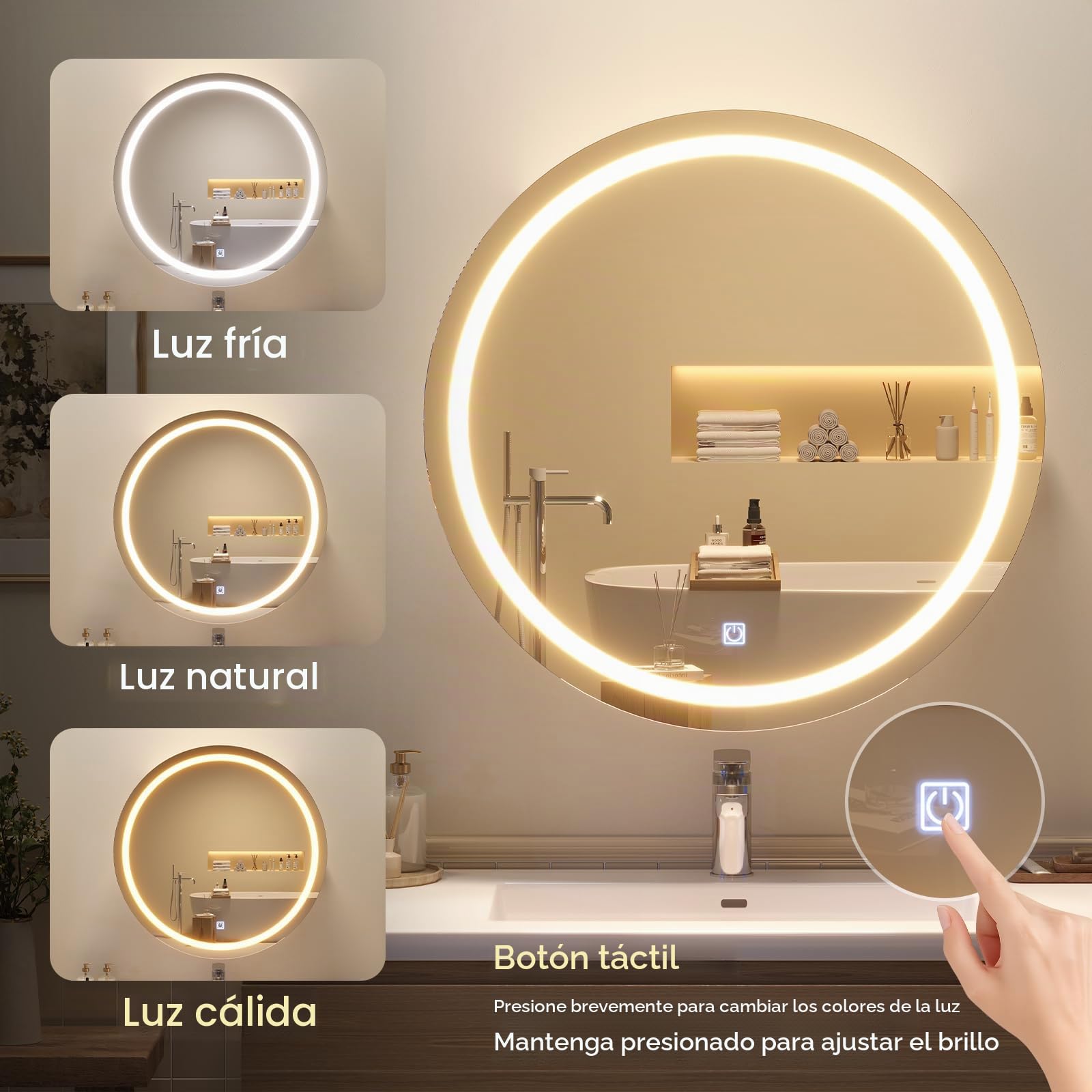 KIMENICH Mueble Espejo Baño Redondo LED con Sensor de Luz, Armario Espejo con 3 Tonos de Luz, Soporte Secador y Enchufe Integrado, Mueble Baño Moderno con Iluminación Ajustable