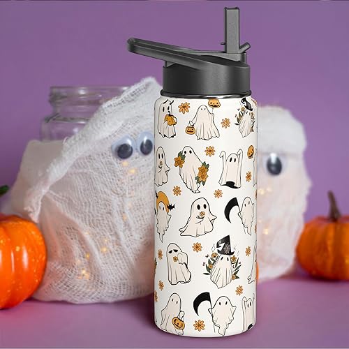 Miniatura 2 de Botellas de agua de fantasma de Halloween de 40 onzas con popote abatible y tapa de boquilla, bonita botella de agua de acero inoxidable