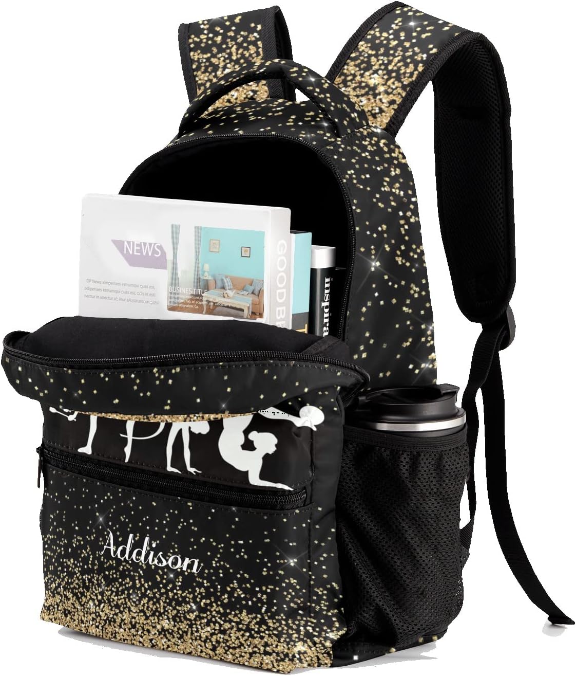 Gold Glitter Gymnast Personalized Kids School Backpack Custom Name for Boys Girls Primary Daypack Bookbag Travel Bag