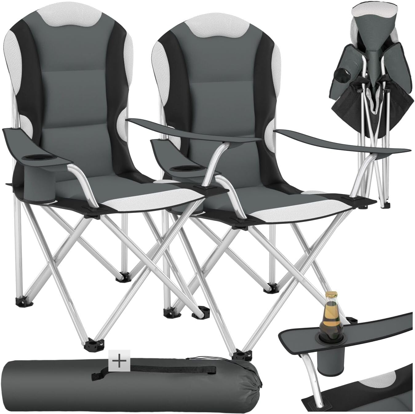 tectake® 2 Sedie da Campeggio Pieghevole, Comoda Imbottitura, Sedie Relax con Tessuto a Rete per Ventilazione, Bracciolo con Porta Bevande Incorporato, Pratica Borsa Inclusa - Grigio
