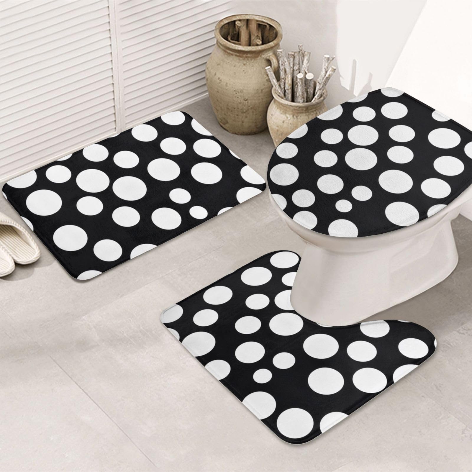 Lot de 3 tapis de bain antidérapants et absorbants en flanelle avec motif à pois noirs et blancs