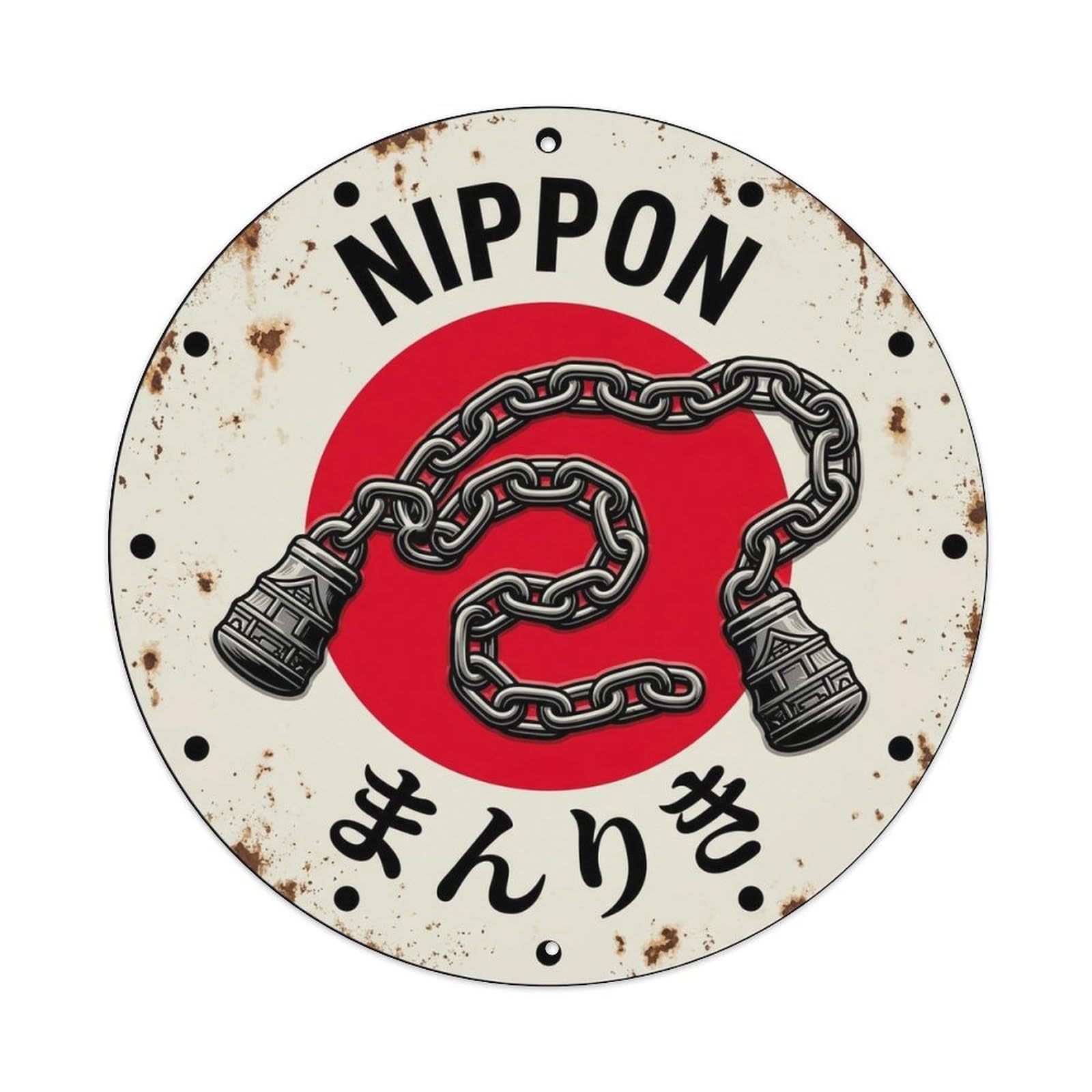 Manriki Chain Nippon Weighted Rope Aged Market Badge Metal Tin Sign Plaque Wall Decor for Cafe, Man Cave, Club Bar, Office, Home Garden Round Metal Poster 8x8Inch