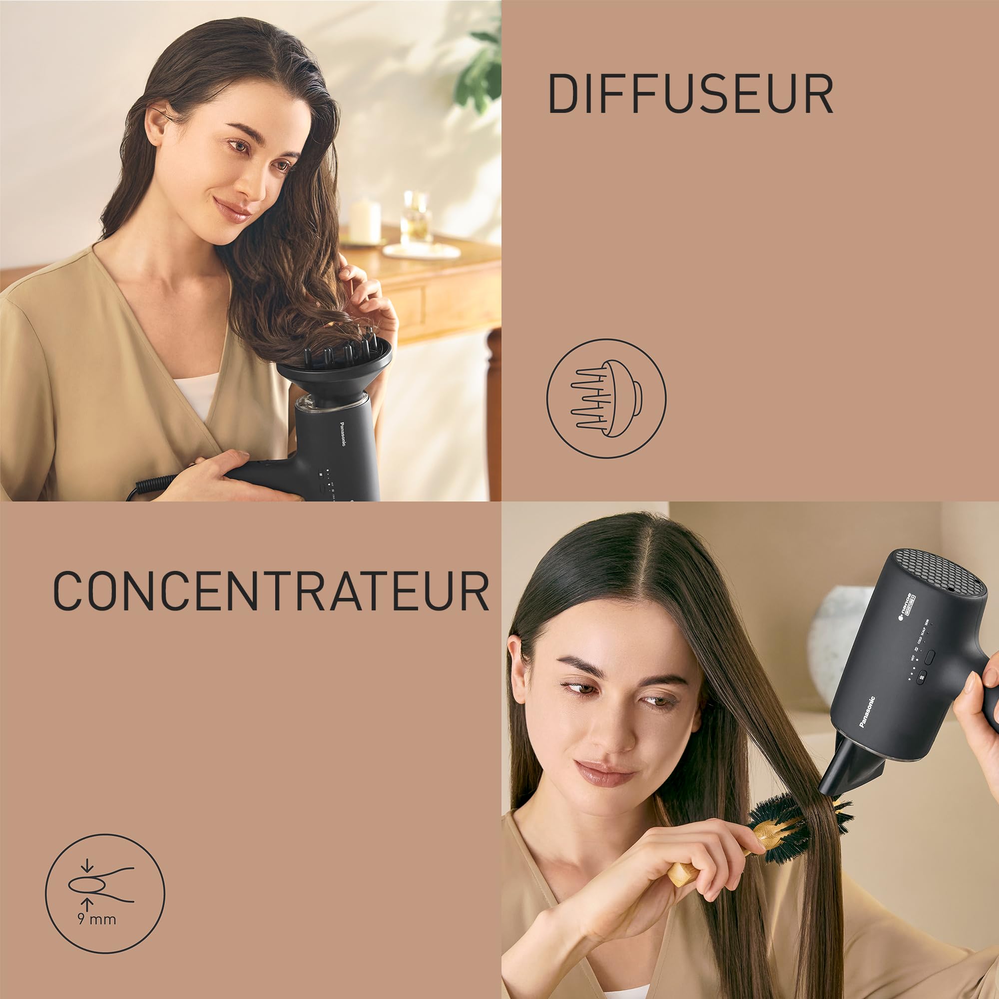Panasonic EH-NA0J Sèche-Cheveux Nanoe MOISTURE+ Minéral Embout Concentrateur & Diffuseur, if Design Award 2023 Mode Chaud Froid, Soins De la Peau, Du Cuir chevelu et Des pointes,1600 W, Noir
