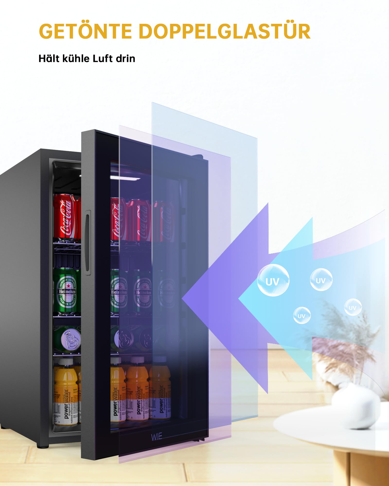 WIE Mini Kühlschrank Getränkekühlschrank 70 Liter mit Doppelte Glastür mit Verstellbaren Ablagen Indoor Outdoor Klein Bierkühlschrank Leise 105 Dosen für Soda/Bier/Wine für Zuhause/Küche/Bar/Büro
