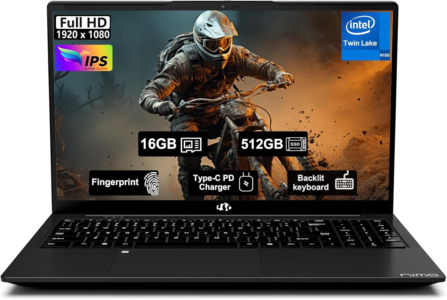 NIMO-15.6" Student-Laptop, 13th Gen Intel N150,16GB RAM 512GB SSD(Beat to i3-1115G4, Up to 3.6GHz), Backlit Keyboard Fingerprint FHD Computer Wi-Fi 6 BT5.2 65W Type-C