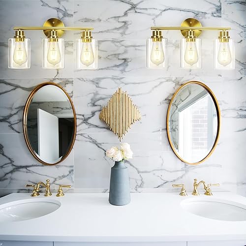 Miniatura 2 de CRIRY Lámparas de tocador de baño de oro cepillado de 3 luces sobre el espejo, apliques de pared modernos con pantalla de vidrio transparente,