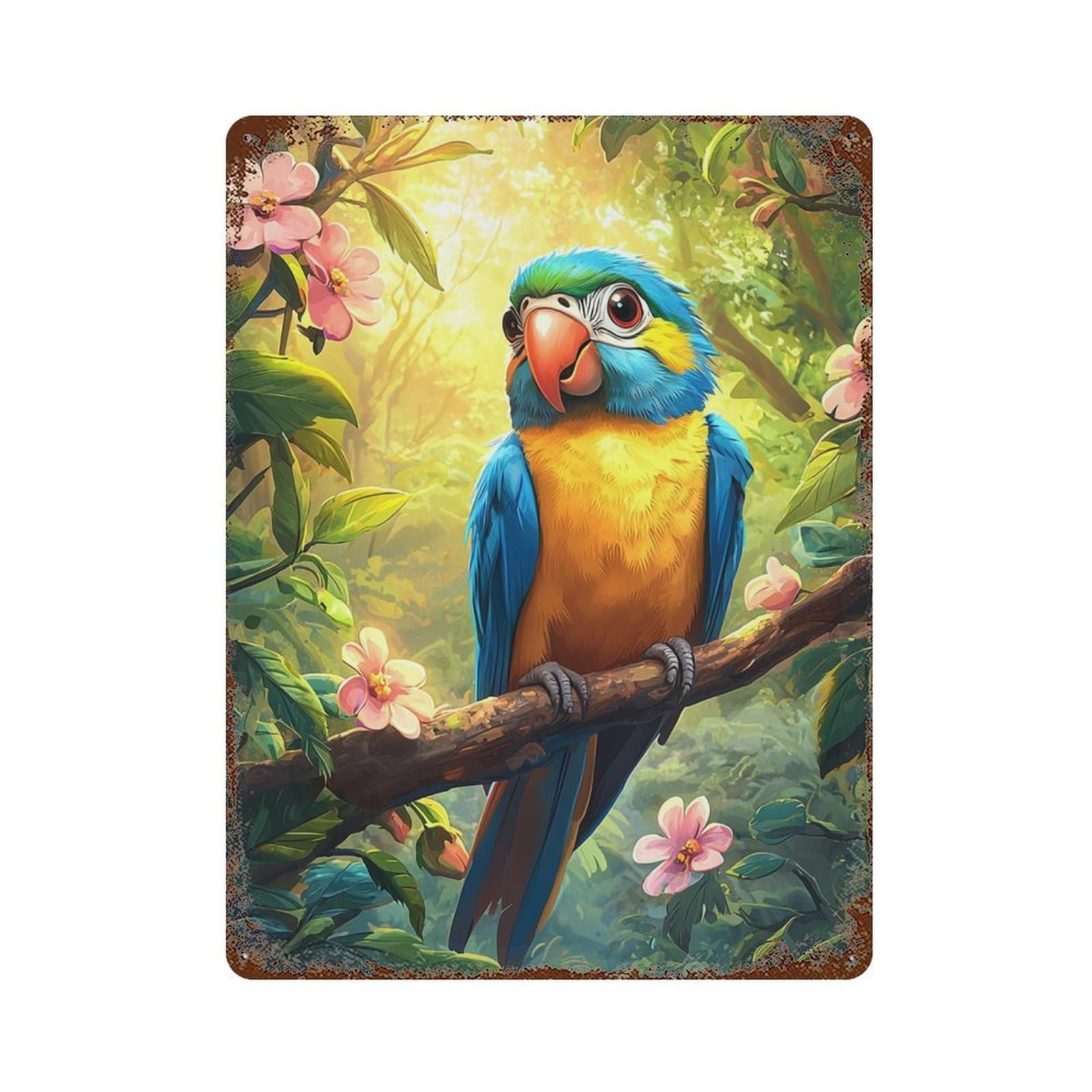 Rust Effect Amazon Rainforest Parrot Rustic Tin Plaque 15.7"x11.8", Classic Wall Plaque for Shed, Workshop And Garage Wall Decor