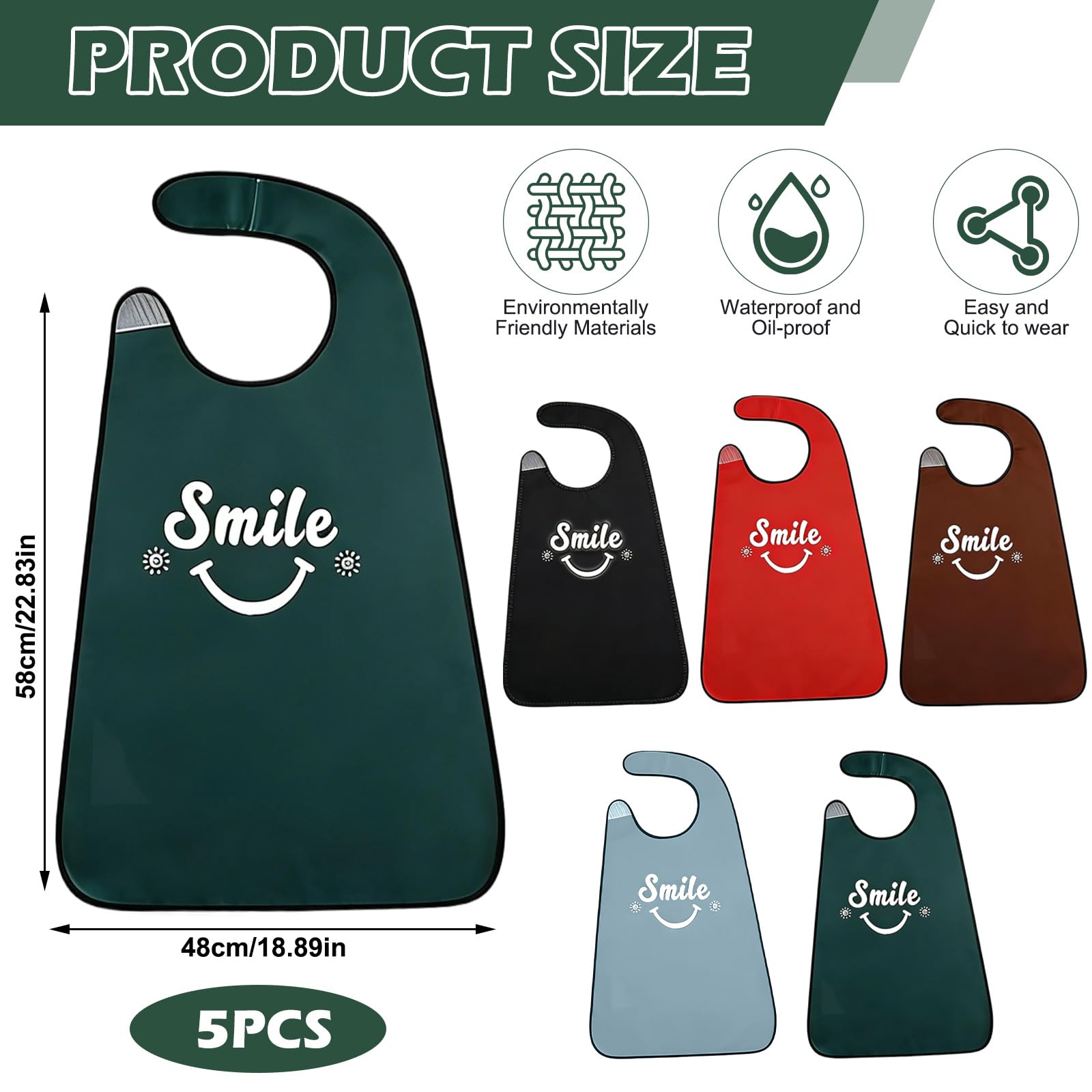 Lot de 5 bavoirs imperméables et réutilisables pour adultes avec lettres amusantes pour personnes âgées, protections lavables pour personnes âgées et handicapées (noir, rouge, vert foncé, marron, bleu