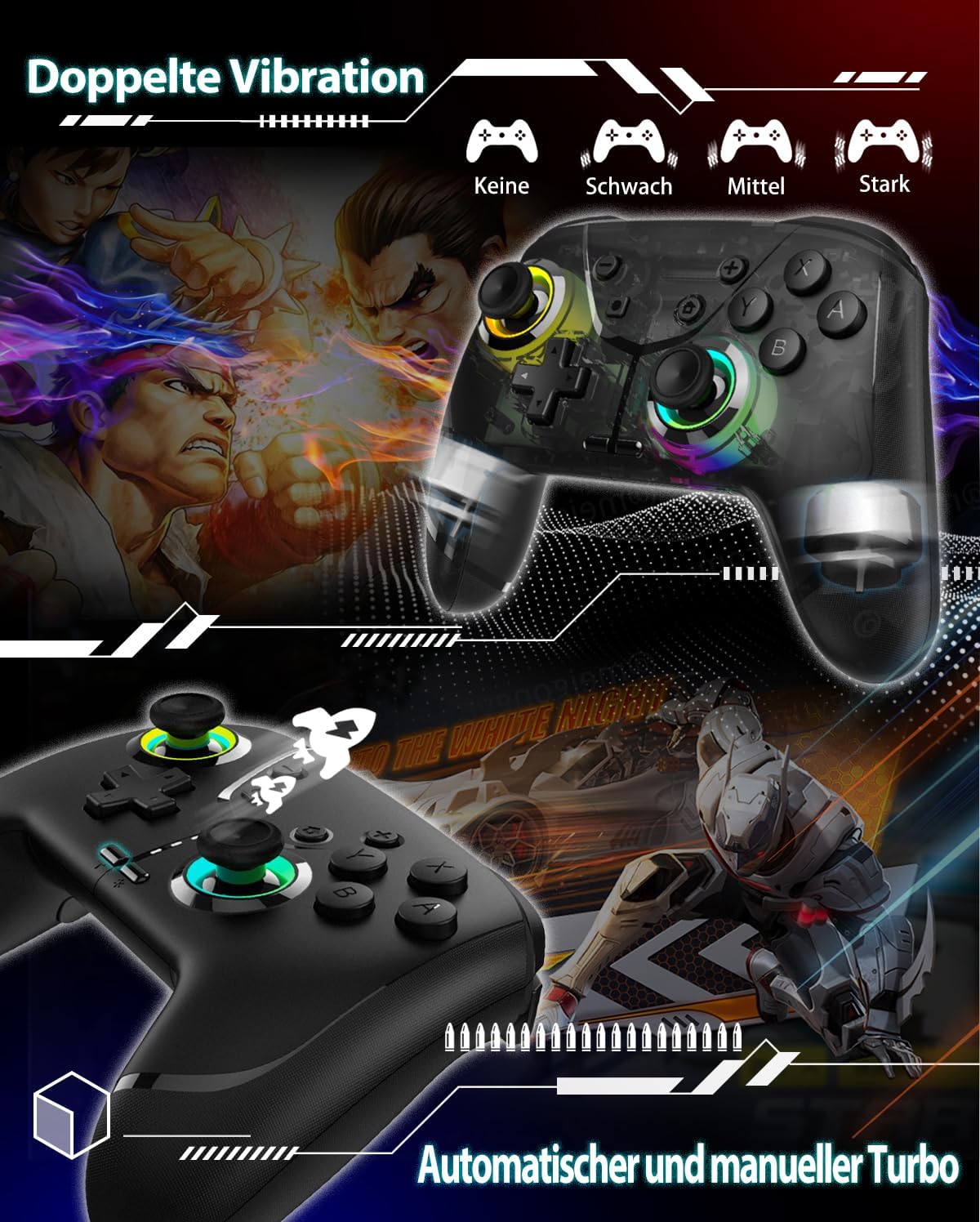 Switch Controller, Game Controller, Switch Pro Gamepad, 4 Vibrationsmodi, 3 Turbo-Modi, kompatibel iPhone/Android/Phone/PC/Steam/Mac/iOS/iPad/TV mit Programmierung/Turbo/Bewegung/Aufwachen/RGB