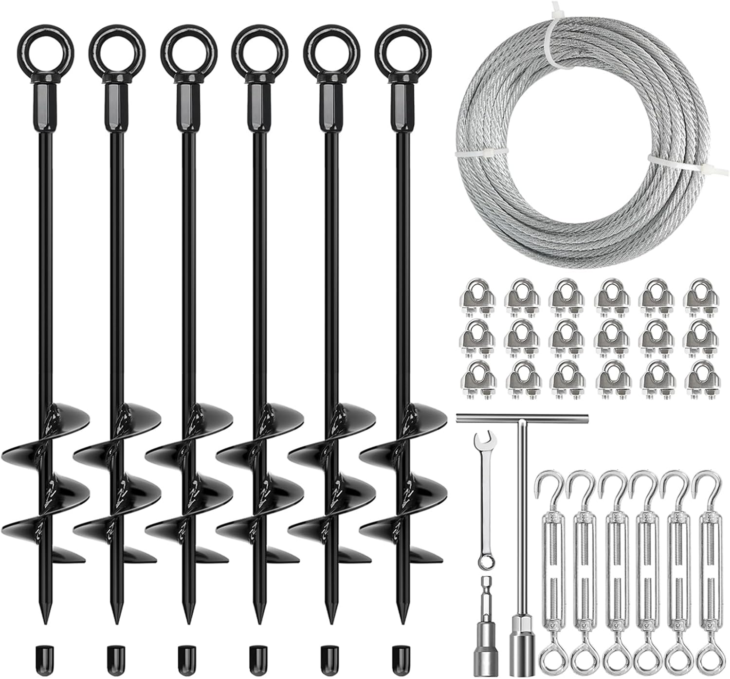 6 Pack 18" Ground Anchors & Shed Anchor Kit with 1/8" Galvanized Cable & Turnbuckles, Heavy Duty Earth Anchors Fully Welded for Swingset, Carport, Gazebo, Trampolines