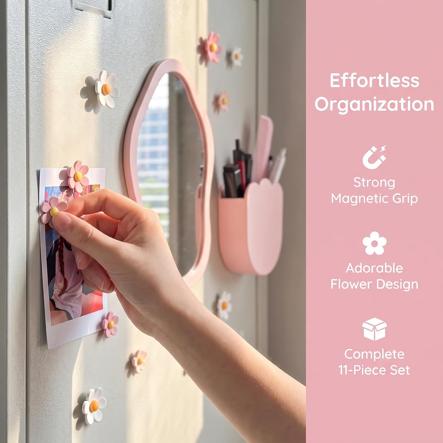 Zerodeko 1 Set Pink Lovely Locker Accessories Kit for Girls | Includes Mirror, Pen Holder, Cute Flower Magnets & Marker Set - School Locker Decor Set to Brighten Up Your School Day