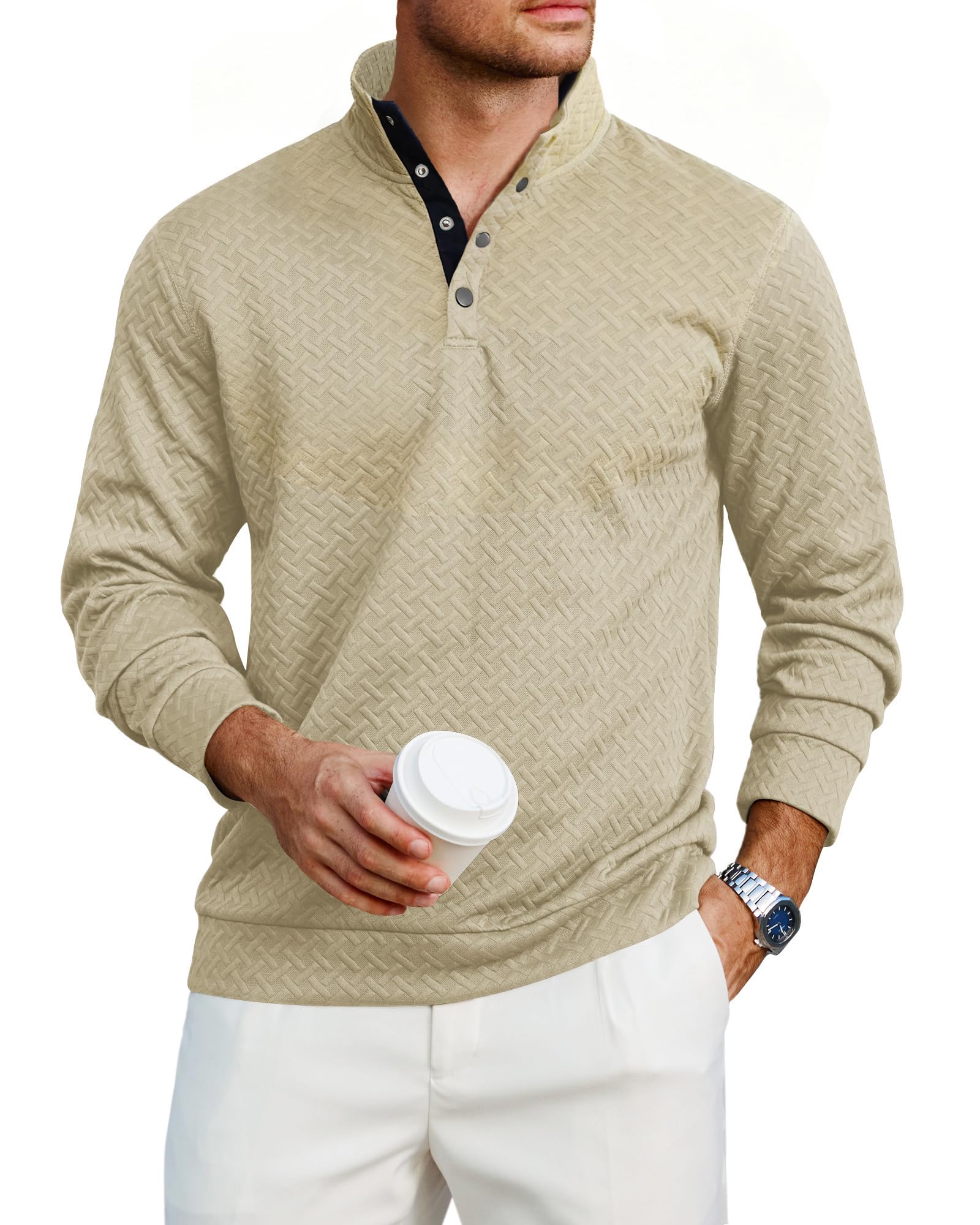 Lexiart Mens Fashion Quilted Long Sleeve Sweatshirts Thermal Stand Collar Quarter Button Up Pullover Sweatshirt