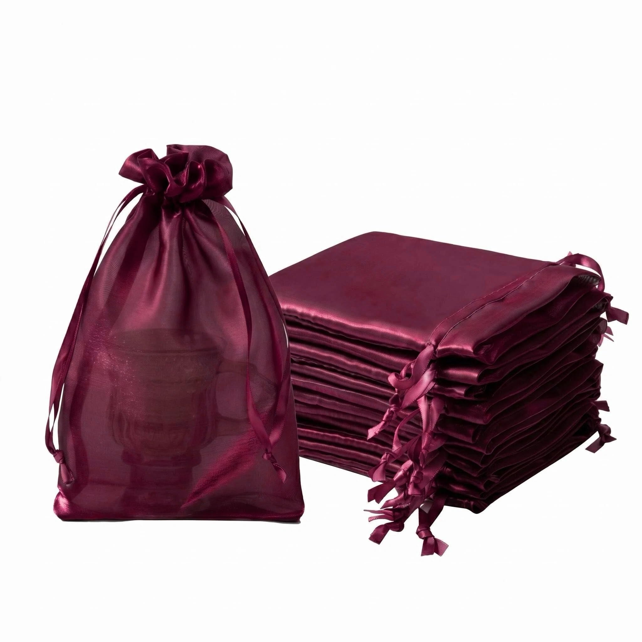 QIANF 20 Pcs Burgundy Small Organza Bags 6X9 inch for Wedding Favors with Drawstring, Glossy Mesh Gift Bags Jewelry Pouch for Candy Bridal Shower Party Favor Baby Shower Christmas