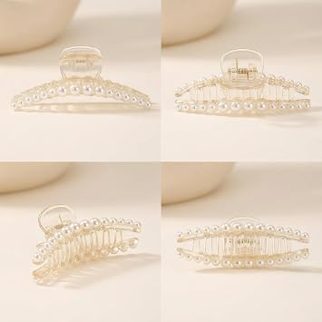 Hair Clips for Women, Large High-Gloss Pearl Hair Claw Clip Set Strong Hold No Slip, Banana Jaw Clip Barrettes, Hair Accessories Birthday Wedding Day Gift for Girl Wife Styling Thick Thin (4 PCS)