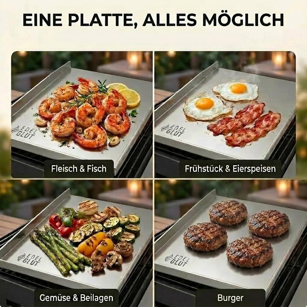 Plancha-Grillplatte-Set - 5mm Premium-Edelstahl-Grillplatte inkl. Burgerpresse, Grillspachtel, Burgerpapier, Rezeptbuch - Smash-Burger-Set - Grill-Zubehör-Männer-Geschenk