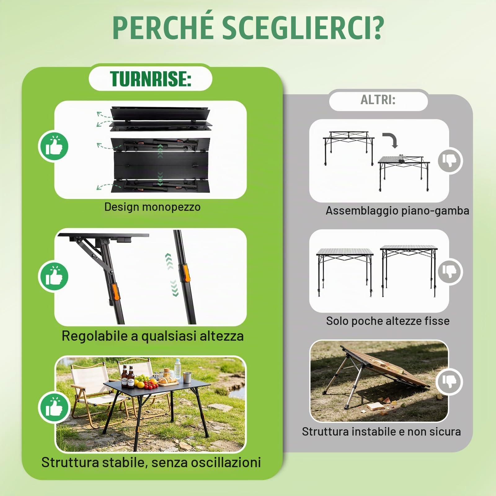 Tavolo Pieghevole da Campeggio Tavolino Pieghevole da esterno Nessun Montaggio Richiesto Tavolo Pieghevole in Lega di Alluminio con Gambe Regolabili in Altezza in Modo Continuo 95cm*52cm