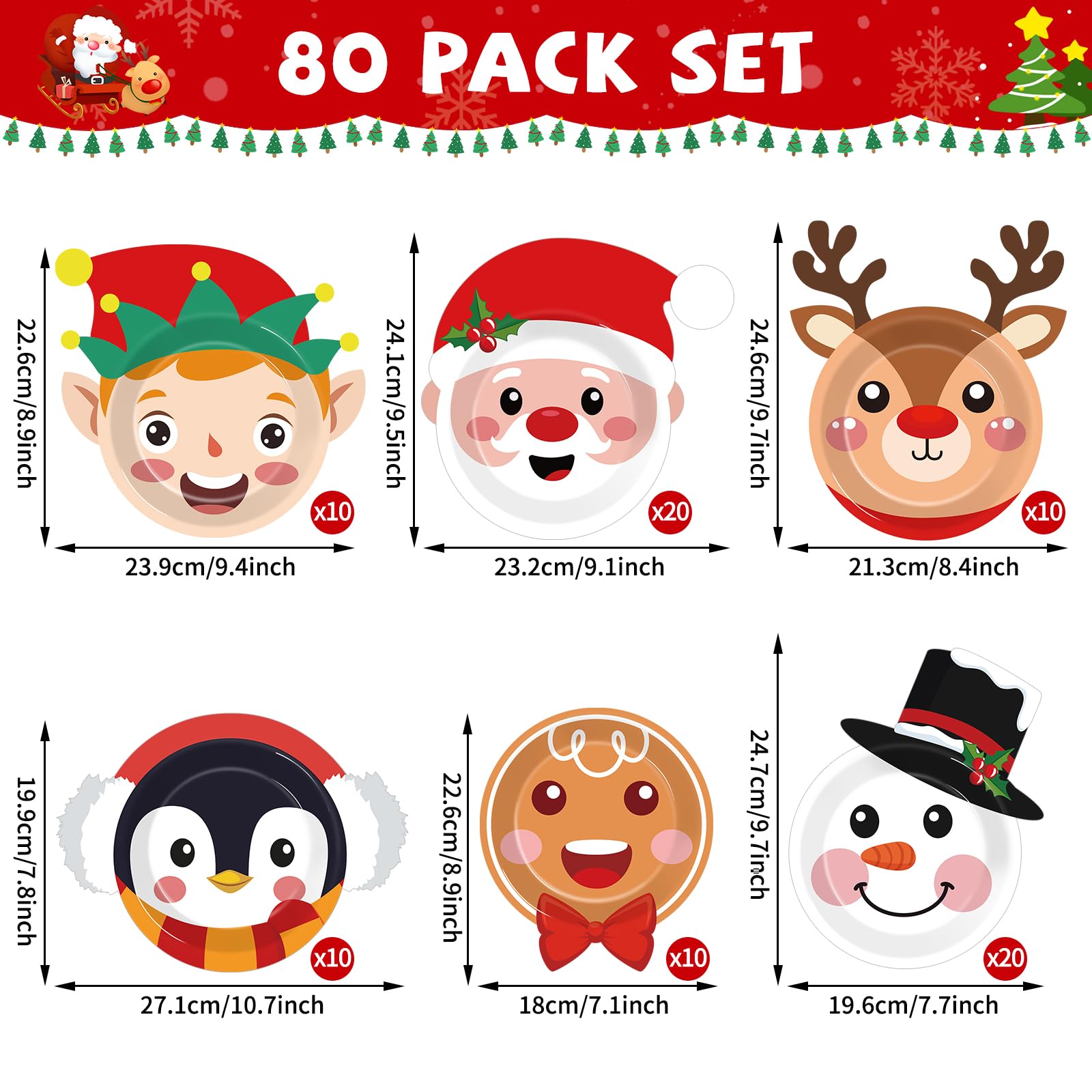 Wiooffen Lot de 80 assiettes en carton jetables pour Noël, Noël, bonhomme de neige, assiettes à dessert, décorations pour 80 invités