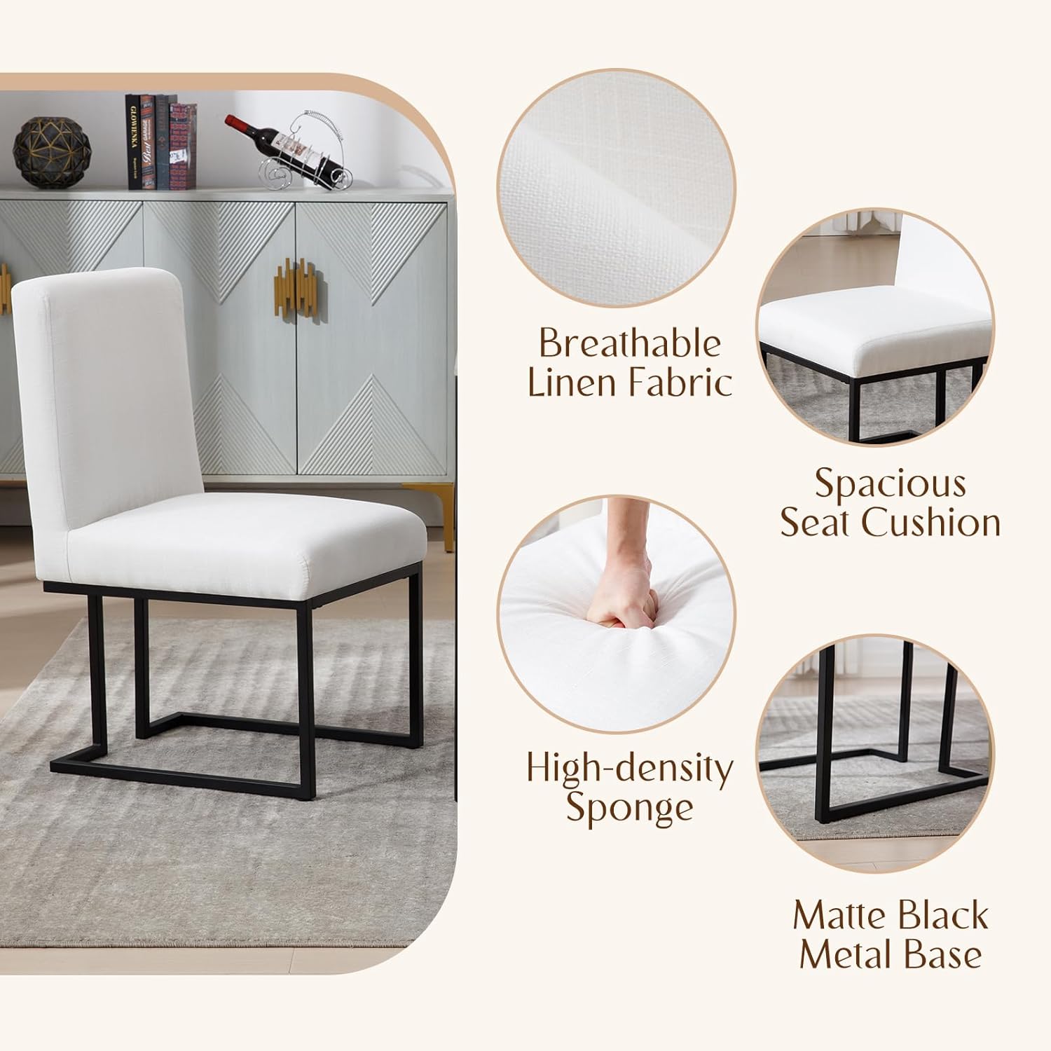 Linen Fabric Mid Century Modern Dining Chair Set of 2, Upholstered Padded Dining Chairs Armless Accent Chair with Black Metal Frame for Dining Room/Living Room/Kitchen/Office, White