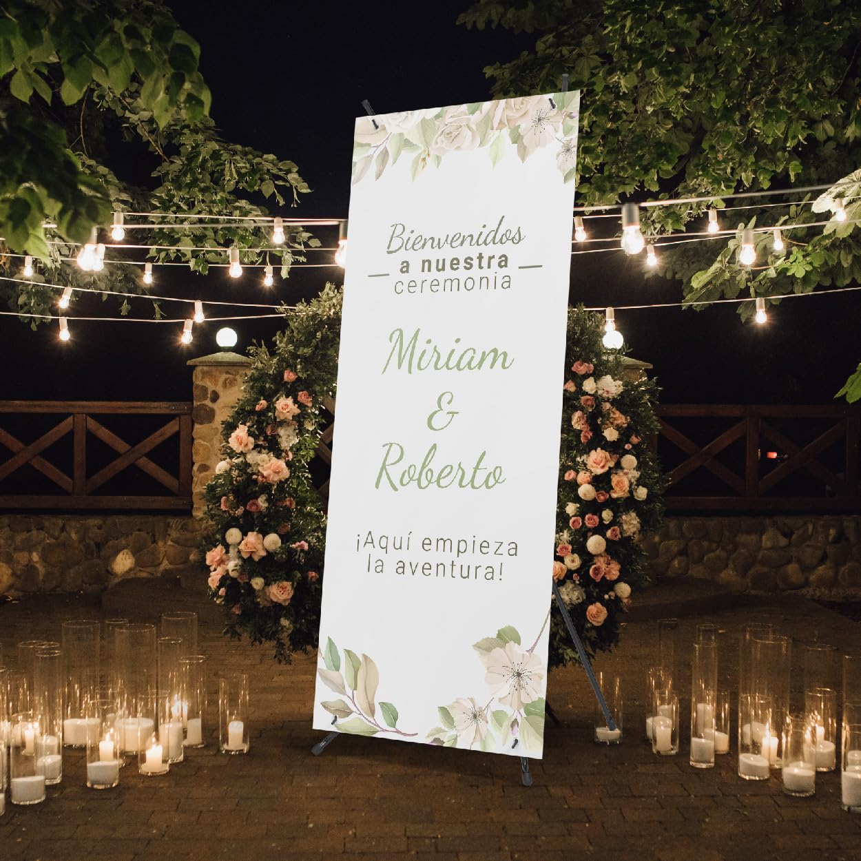Cartel Bienvenida Boda Personalizado - Photocall Boda para Decoracion Boda | Print Stamp Love, Cartel personalizado, Lona personalizada PVC Resistente con Estructura, Montaje fácil (70x180cm) MODELO 4