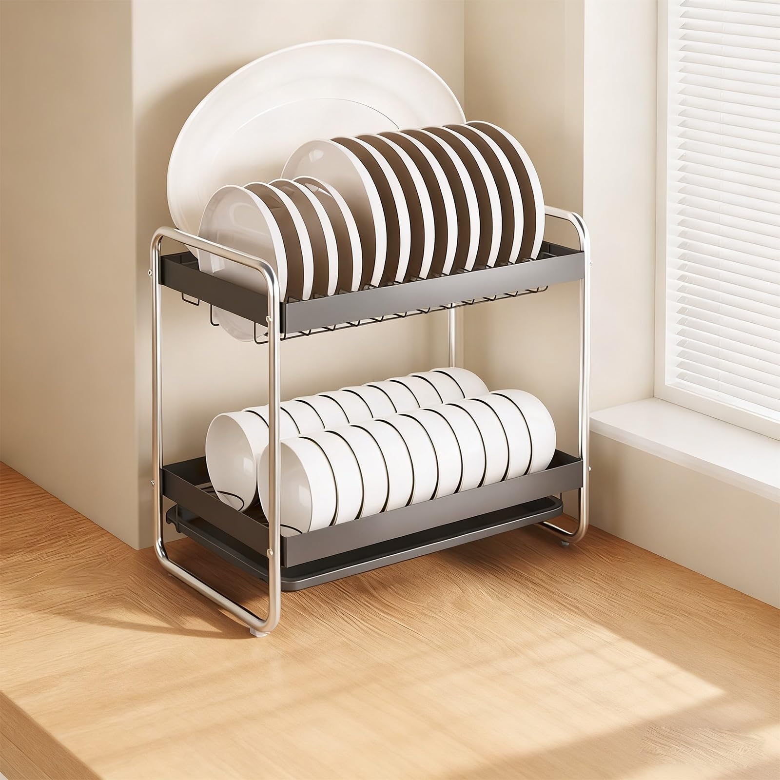 Scolapiatti da appoggio a 2 Livelli in Acciaio al Carbonio con Vassoio raccogligocce, Ideale per riporre Gli Utensili da Cucina (Struttura Grezza, Grigio Antracite).