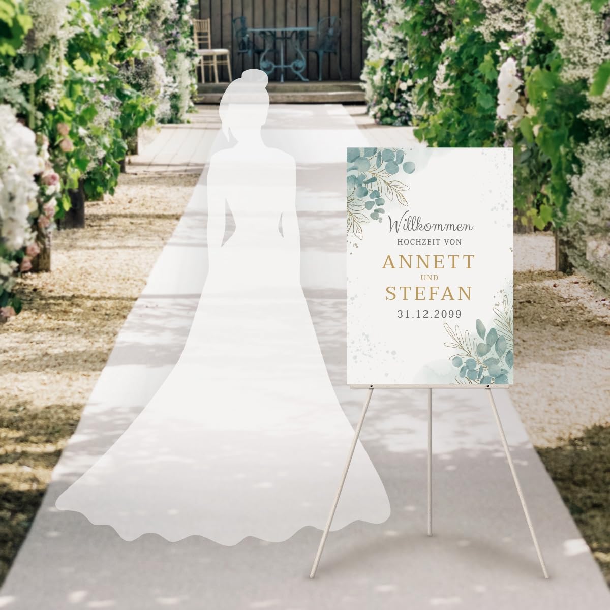 Personalisiertes Willkommensschild zur Hochzeit, Größe wählbar: DIN A3, A2 oder A1 - Eukalyptus Design - mit intensivem UV-Druck mit Ihren Namen, Datum und Text, 3mm Dick