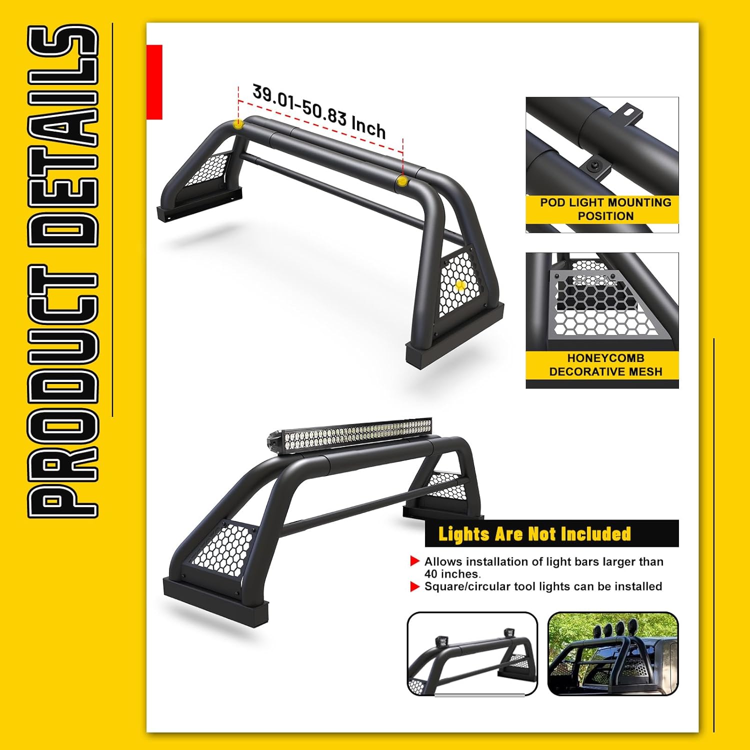 Universal Roll Bar for Full Size Pickup Truck, Adjustable Chase Rack Roll Bar for Dodge RAM/GMC Sierra/Chevy Silverado/Ford F-150 250 350/Toyota Tundra/Nissan Titan/Titan XD