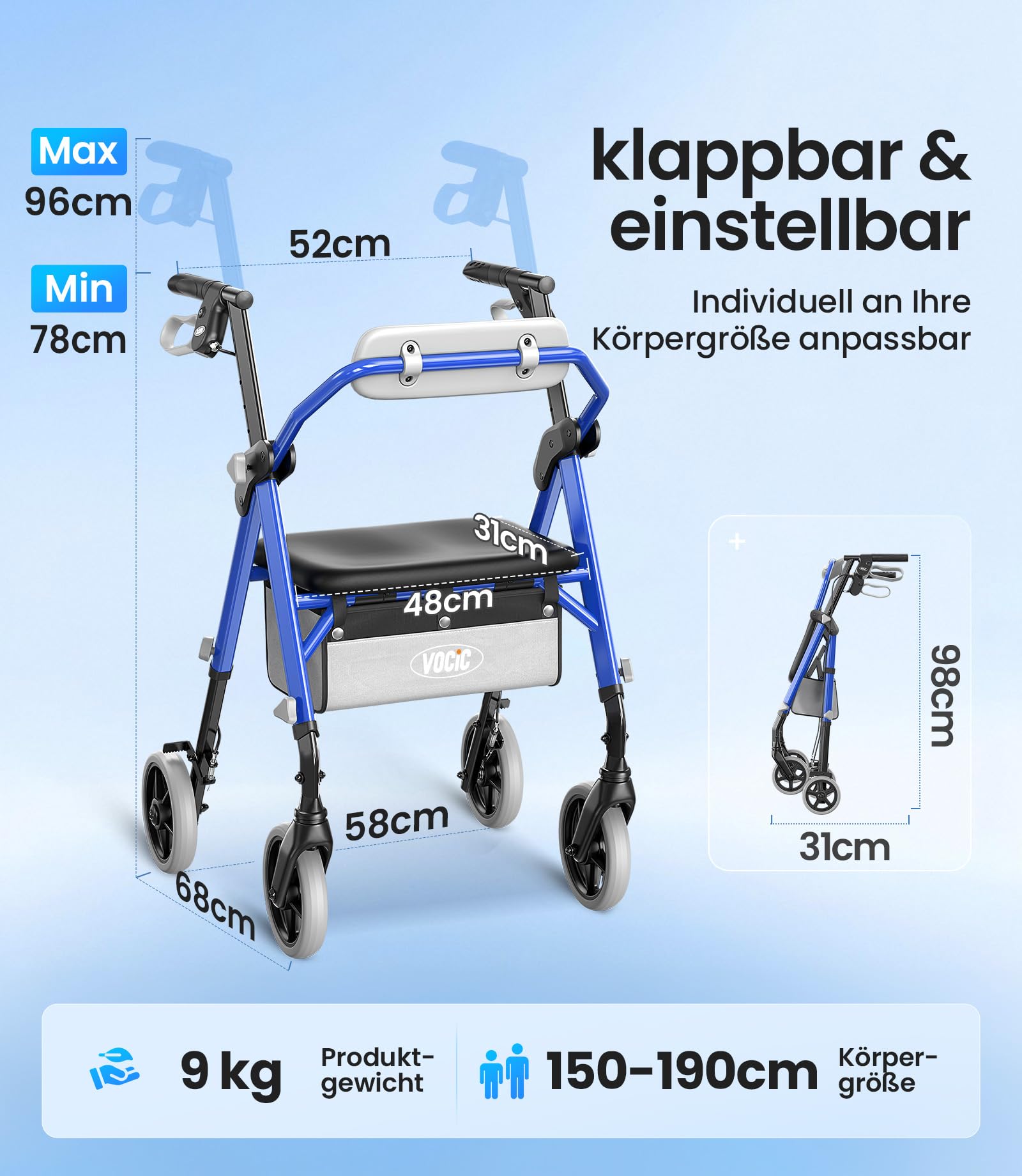 VOCIC Z11 Rollator faltbar und leicht mit Sitz,Max 172kg,Schmal für wohnung | Rollatoren leicht klappbar für Senioren, Sitz & Griff – Ergonomisch & Höhenverstellbar,Walker Meeresblau, 5 Jahre Support