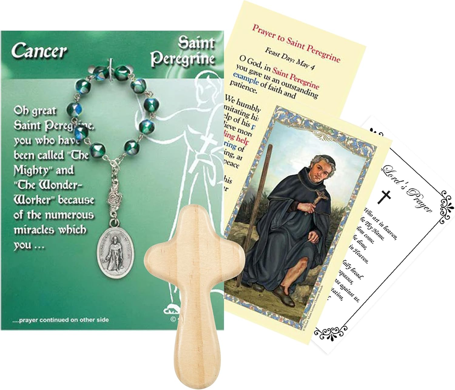 Trendzeen St Peregrine Rosary - One Decade Rosary with Patron Saint of Cancer Medal, Prayer Card, Wooden Cross, Lord's Prayer Card, 4 Items